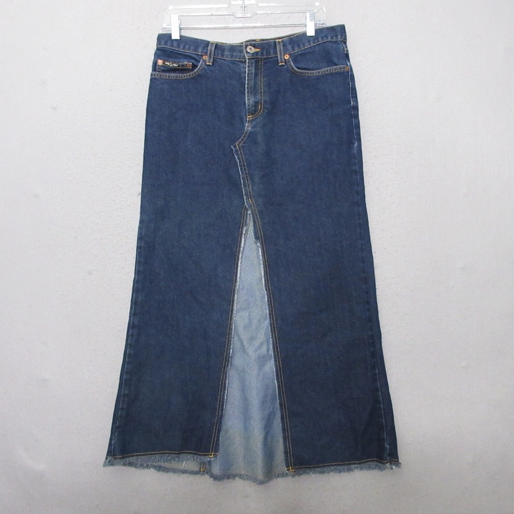 Vintage Baby Phat Denim Maxi Skirt Y2K 90s Frayed Hem Cat LogoSlit  Size‎ 11